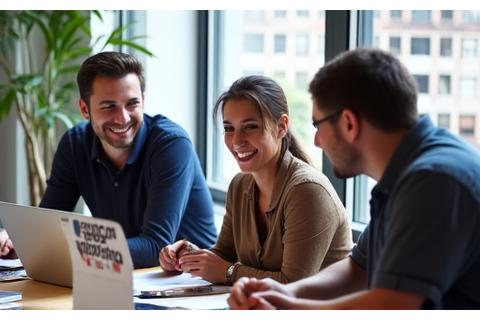 Lumina Forge team members smiling and collaborating in an office setting, exuding approachability.