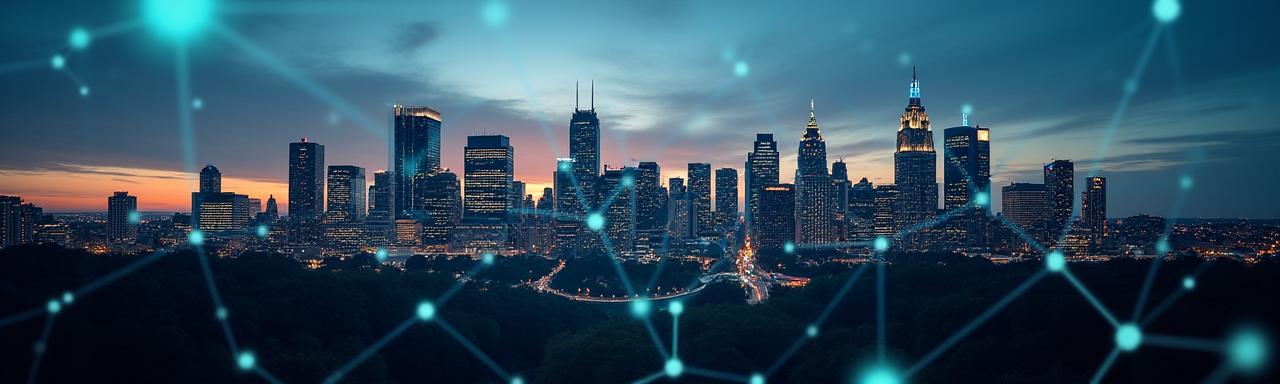 Philadelphia skyline at dusk with digital network overlay symbolising connection.