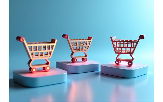 Three distinct shopping carts representing Shopify, WooCommerce, and custom solutions
