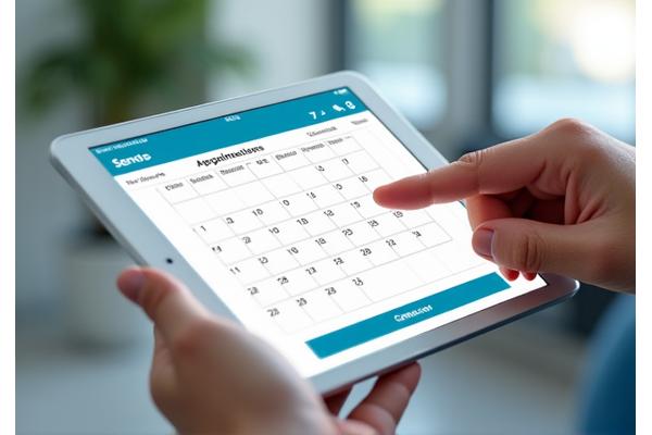 Close-up of a hand pointing to an online calendar on a tablet, with medical icons