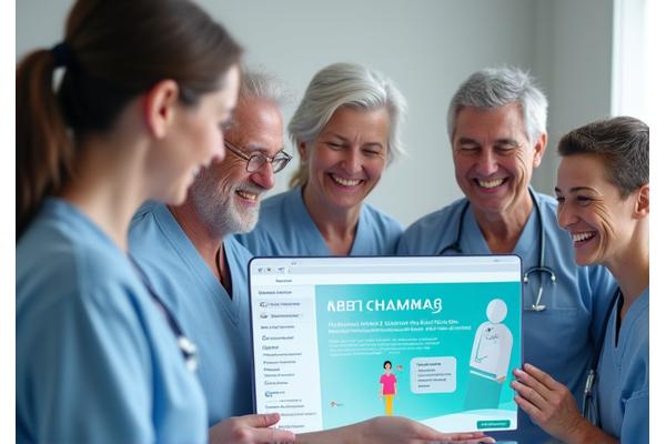 Diverse group of smiling patients on a healthcare website interface, demonstrating user-friendliness