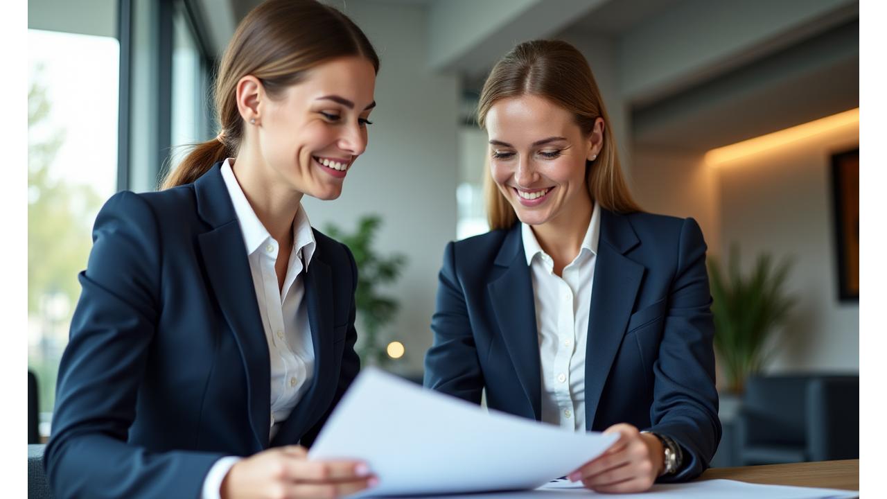 Lawyer discussing legal documents with client in a modern office setup, showcasing trust and professionalism.