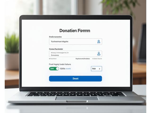 Illustration of a clean, user-friendly online donation form on a laptop screen, emphasizing secure transactions and clear impact metrics.