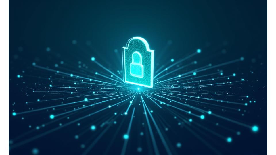Stylized abstract illustration of data flowing securely through encrypted networks, protected by a shield icon. Represents data protection, cybersecurity, and privacy.