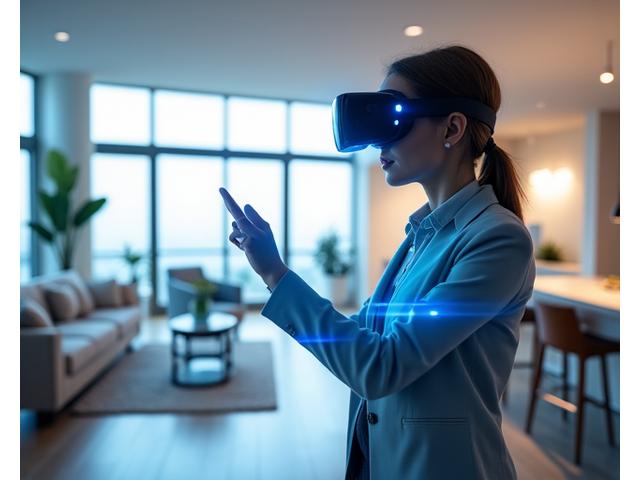 Person using a VR headset to view an immersive virtual tour of a modern home.