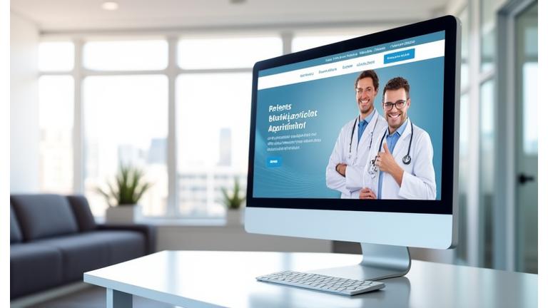 Modern medical clinic website displaying patient portal and online scheduling capabilities. Features HIPAA compliance and clear navigation.