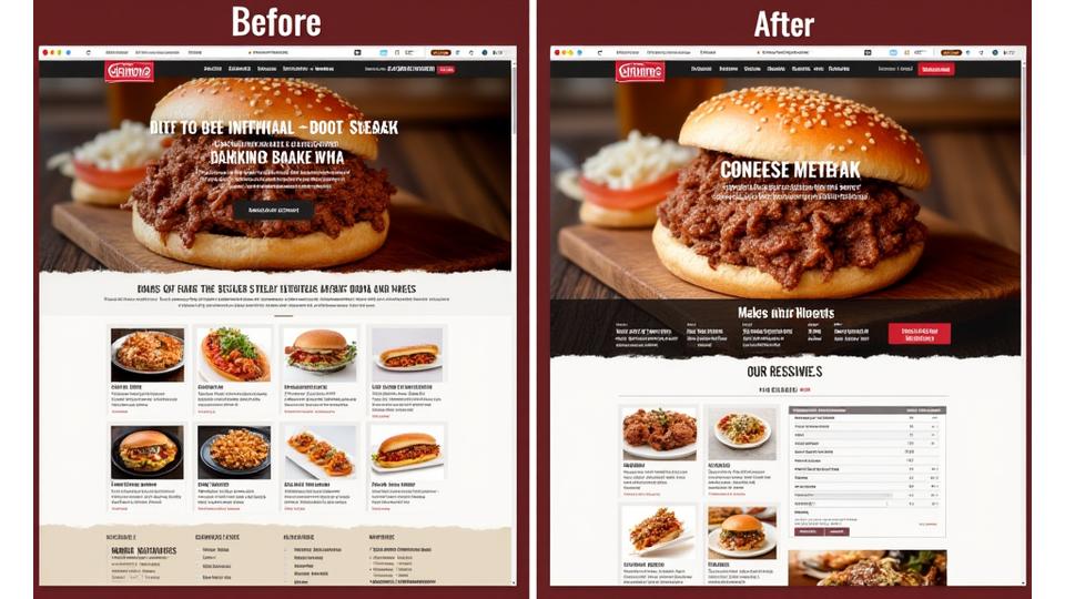 Side-by-side comparison of a slow, clunky restaurant website 'before' redesign and a fast, modern 'after' version with integrated online ordering.